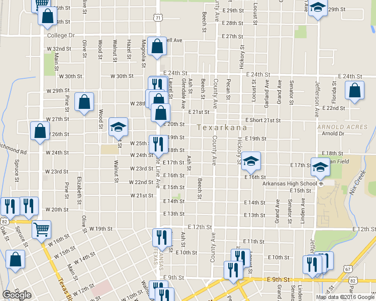 map of restaurants, bars, coffee shops, grocery stores, and more near 294 East 18th Street in Texarkana
