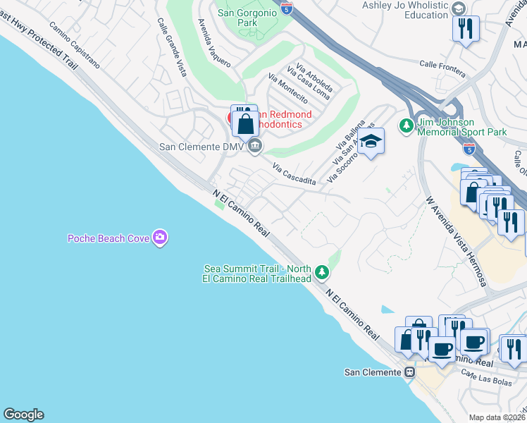 map of restaurants, bars, coffee shops, grocery stores, and more near 127 Camino San Clemente in San Clemente