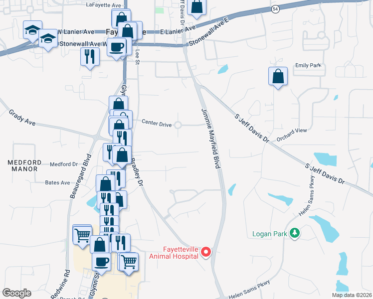 map of restaurants, bars, coffee shops, grocery stores, and more near 190 Laurien Street in Fayetteville
