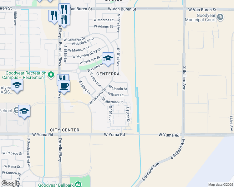 map of restaurants, bars, coffee shops, grocery stores, and more near 15126 West Sherman Street in Goodyear