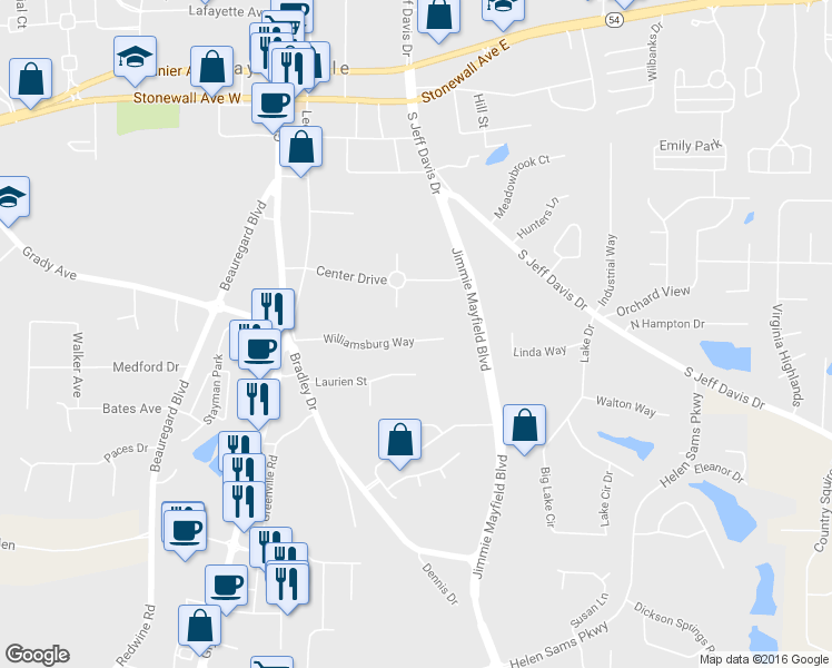 map of restaurants, bars, coffee shops, grocery stores, and more near 370 Williamsburg Way in Fayetteville