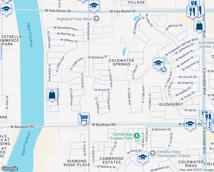 map of restaurants, bars, coffee shops, grocery stores, and more near 601 South 122nd Drive in Avondale