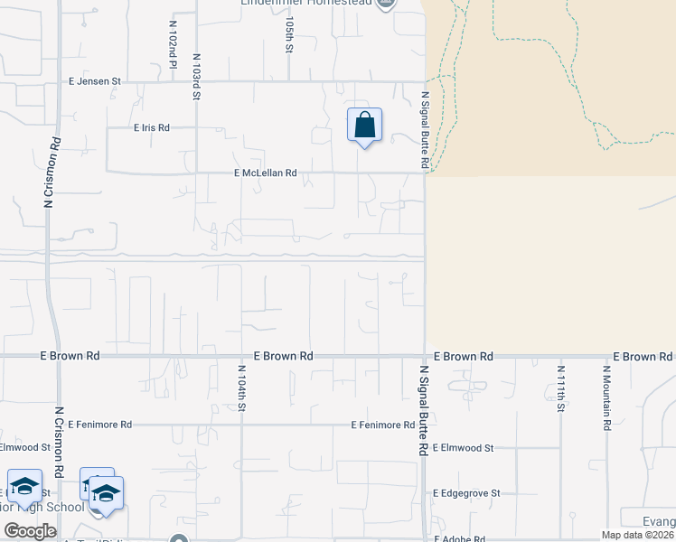 map of restaurants, bars, coffee shops, grocery stores, and more near 10638 East Brown Road in Mesa