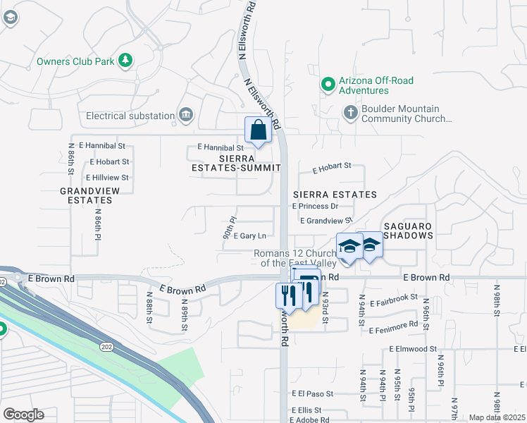 map of restaurants, bars, coffee shops, grocery stores, and more near 9107 East Grandview Street in Mesa