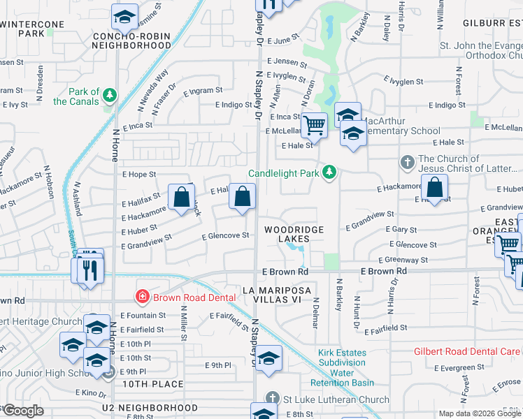 map of restaurants, bars, coffee shops, grocery stores, and more near 1323 North Parsell in Mesa