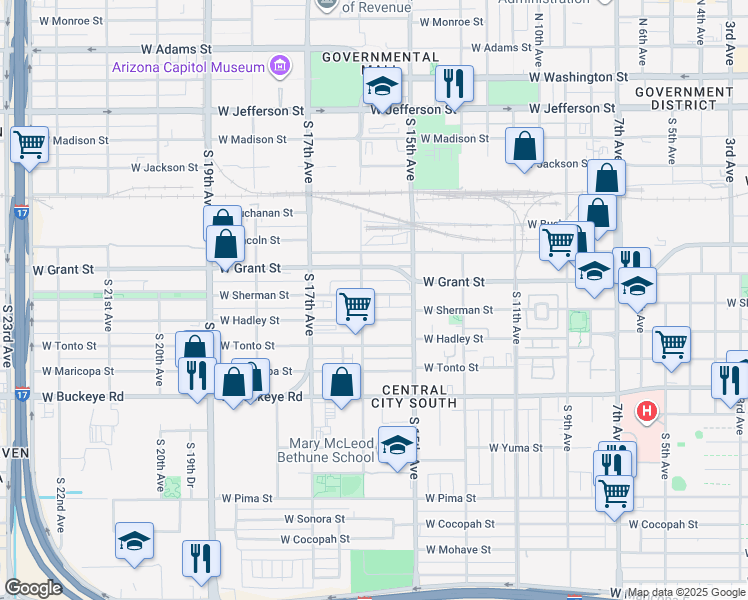 map of restaurants, bars, coffee shops, grocery stores, and more near 1547 West Hadley Street in Phoenix