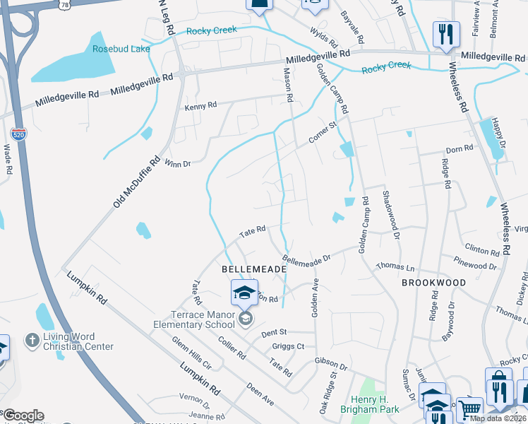map of restaurants, bars, coffee shops, grocery stores, and more near 3317 Tate Road in Augusta