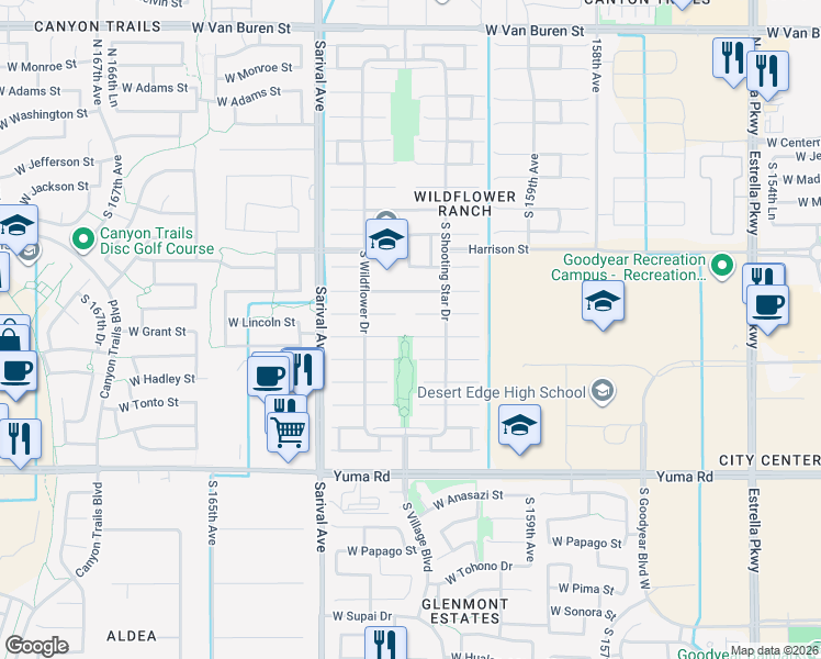 map of restaurants, bars, coffee shops, grocery stores, and more near 16132 West Sherman Street in Goodyear