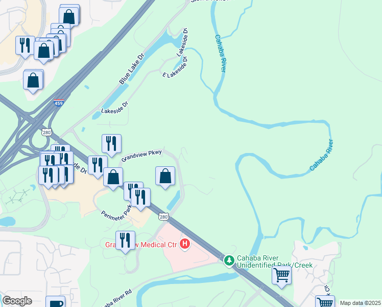 map of restaurants, bars, coffee shops, grocery stores, and more near 3560 Grandview Parkway in Birmingham