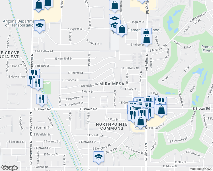 map of restaurants, bars, coffee shops, grocery stores, and more near 1338 North Racine Circle in Mesa