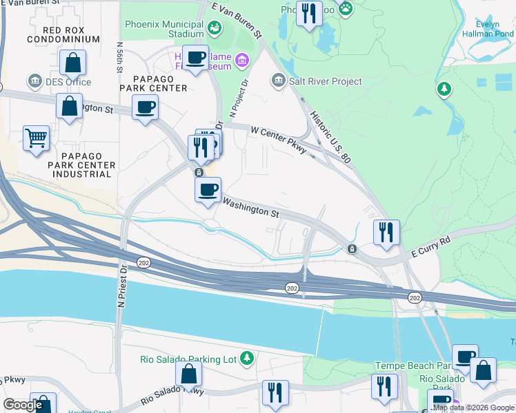 map of restaurants, bars, coffee shops, grocery stores, and more near West Washington Street in Tempe