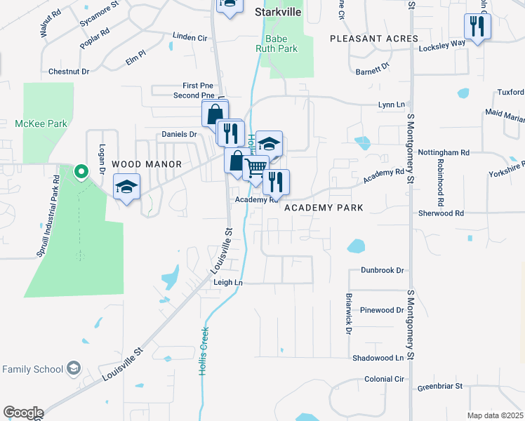 map of restaurants, bars, coffee shops, grocery stores, and more near 102 Academy Village Drive in Starkville