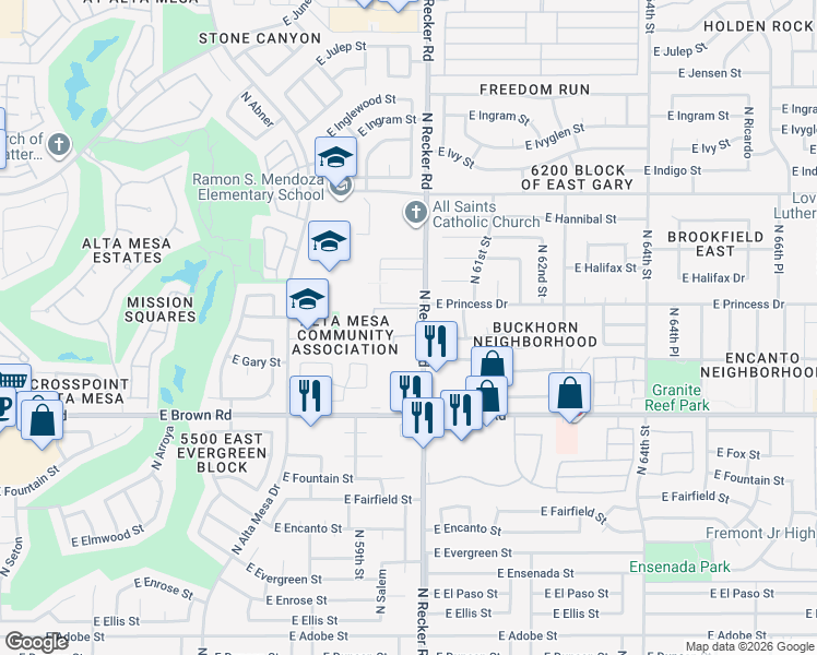 map of restaurants, bars, coffee shops, grocery stores, and more near 7 North Alta Place in Mesa