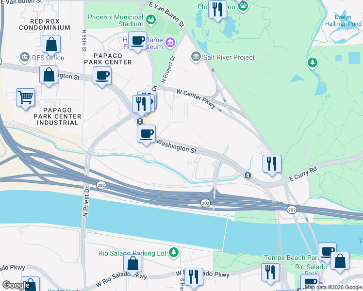map of restaurants, bars, coffee shops, grocery stores, and more near West Washington Street in Tempe