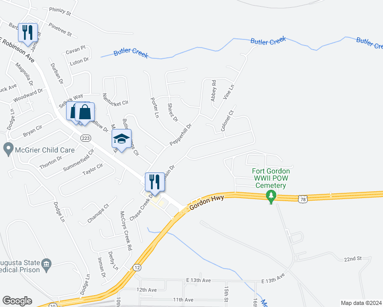 map of restaurants, bars, coffee shops, grocery stores, and more near 3024 Pepperhill Drive in Grovetown