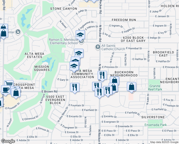 map of restaurants, bars, coffee shops, grocery stores, and more near 1340 North Recker Road in Mesa