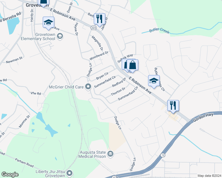 map of restaurants, bars, coffee shops, grocery stores, and more near 121 Redford Drive in Grovetown