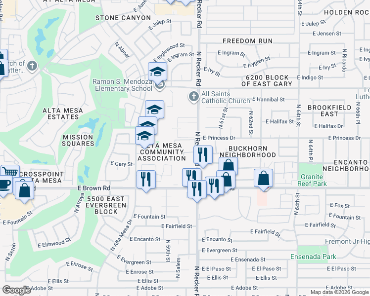 map of restaurants, bars, coffee shops, grocery stores, and more near 1402 North Recker Road in Mesa