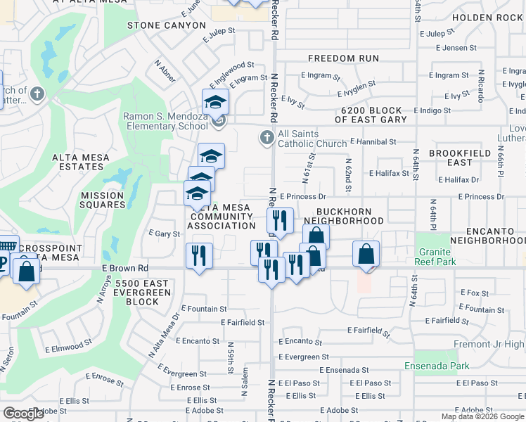 map of restaurants, bars, coffee shops, grocery stores, and more near 7 North Alta Place in Mesa