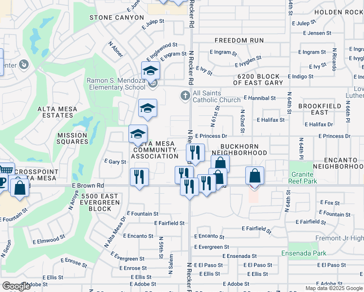 map of restaurants, bars, coffee shops, grocery stores, and more near 7 North Alta Place in Mesa
