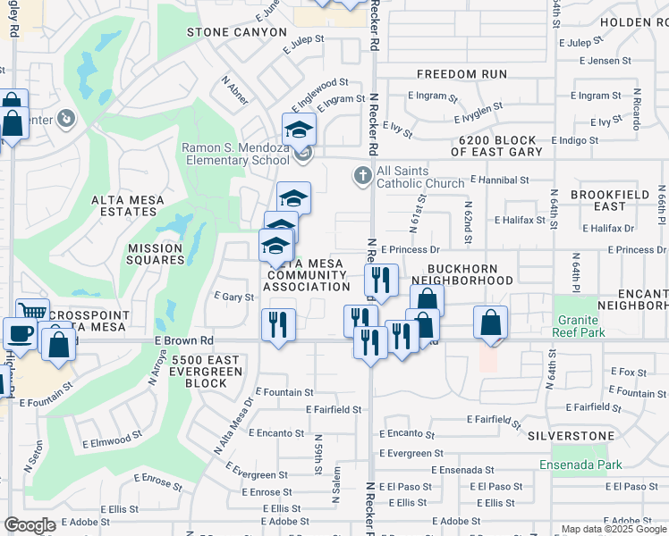 map of restaurants, bars, coffee shops, grocery stores, and more near 1402 North Recker Road in Mesa