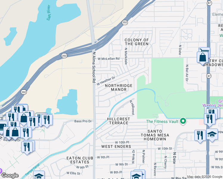 map of restaurants, bars, coffee shops, grocery stores, and more near 1050 West Hillview Street in Mesa