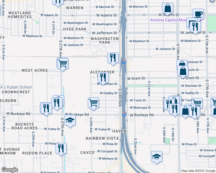 map of restaurants, bars, coffee shops, grocery stores, and more near 2310 West Sherman Street in Phoenix