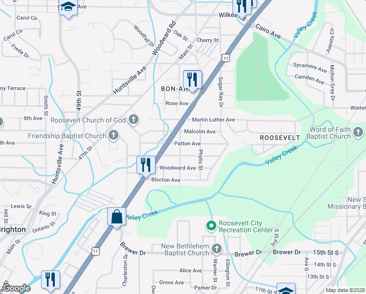 map of restaurants, bars, coffee shops, grocery stores, and more near 6105 Malcolm Avenue in Bessemer
