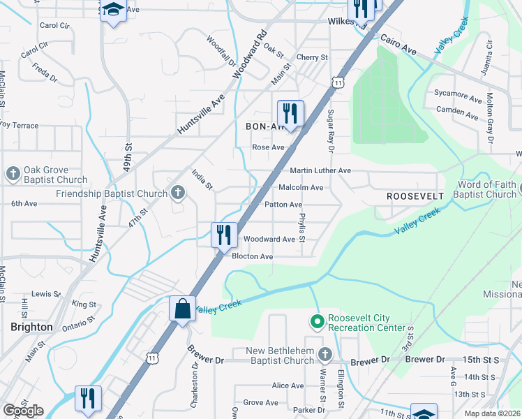 map of restaurants, bars, coffee shops, grocery stores, and more near 6105 Malcolm Avenue in Bessemer