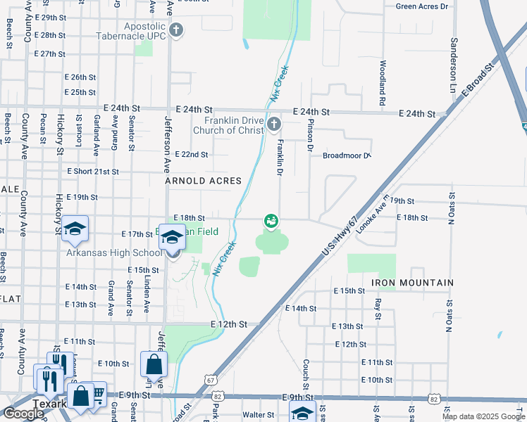 map of restaurants, bars, coffee shops, grocery stores, and more near 1814 Franklin Drive in Texarkana