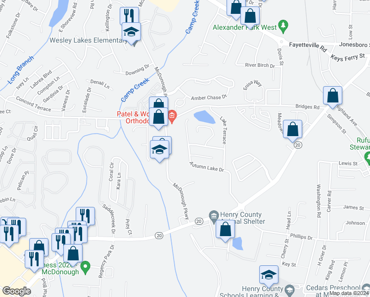 map of restaurants, bars, coffee shops, grocery stores, and more near 349 Autumn Lake Drive in McDonough