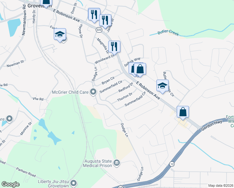 map of restaurants, bars, coffee shops, grocery stores, and more near 131 Summerfield Circle in Grovetown