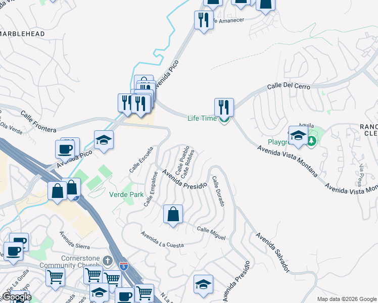 map of restaurants, bars, coffee shops, grocery stores, and more near 425 Calle Robles in San Clemente