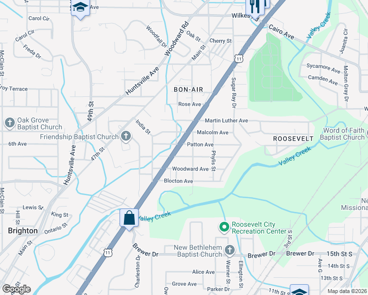 map of restaurants, bars, coffee shops, grocery stores, and more near 6105 Malcolm Avenue in Bessemer