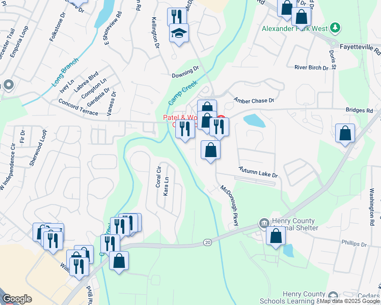 map of restaurants, bars, coffee shops, grocery stores, and more near 303 J C Court in McDonough