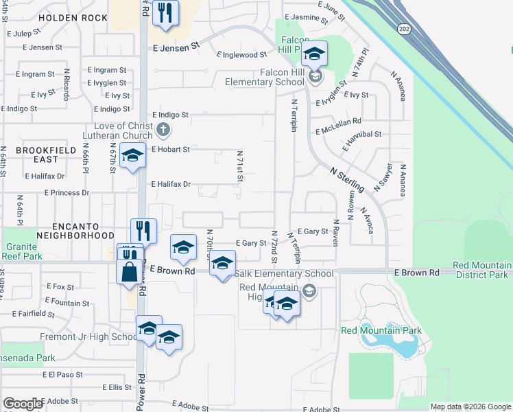 map of restaurants, bars, coffee shops, grocery stores, and more near 7147 East Halifax Circle in Mesa