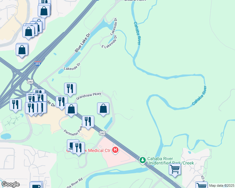 map of restaurants, bars, coffee shops, grocery stores, and more near 3560 Grandview Parkway in Birmingham