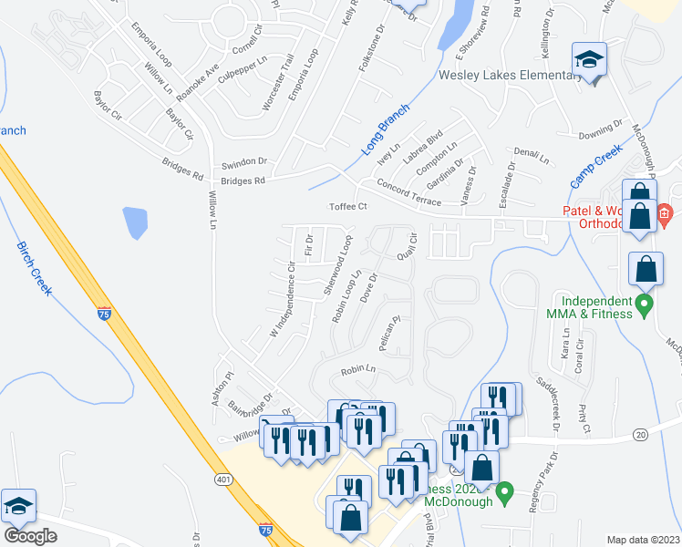 map of restaurants, bars, coffee shops, grocery stores, and more near 168 Sherwood Loop in McDonough