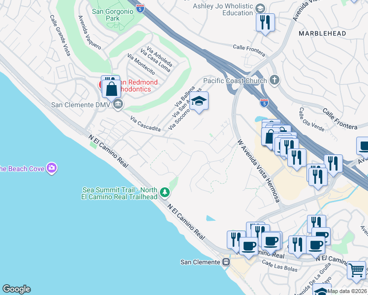 map of restaurants, bars, coffee shops, grocery stores, and more near 115 Via Bellas Artes in San Clemente