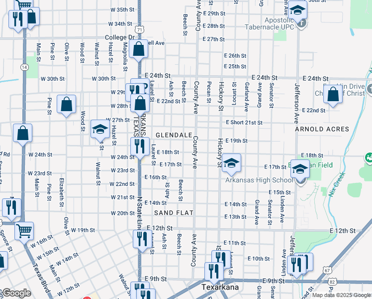 map of restaurants, bars, coffee shops, grocery stores, and more near 1823 Beech Street in Texarkana