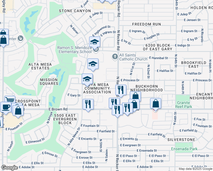 map of restaurants, bars, coffee shops, grocery stores, and more near 1402 North Recker Road in Mesa