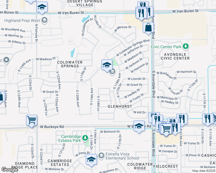 map of restaurants, bars, coffee shops, grocery stores, and more near 118 North 118th Avenue in Avondale