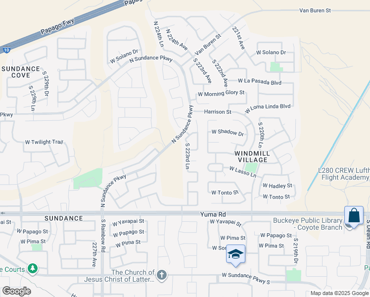 map of restaurants, bars, coffee shops, grocery stores, and more near 724 South 223rd Lane in Buckeye