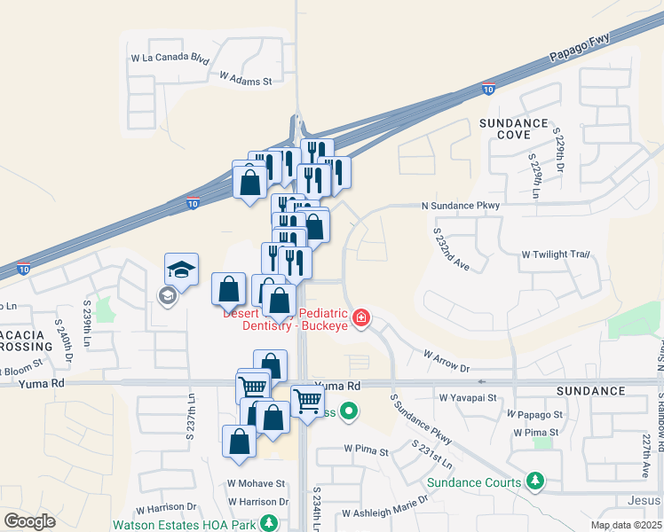 map of restaurants, bars, coffee shops, grocery stores, and more near 711 South Watson Road in Buckeye