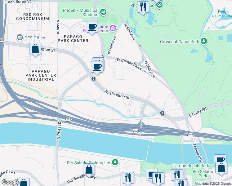 map of restaurants, bars, coffee shops, grocery stores, and more near 1151 West Washington Street in Tempe