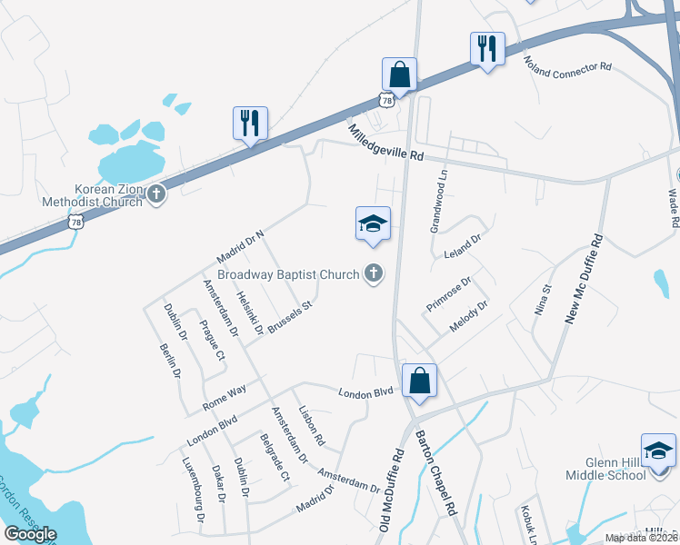 map of restaurants, bars, coffee shops, grocery stores, and more near 3621 Munich Drive in Augusta