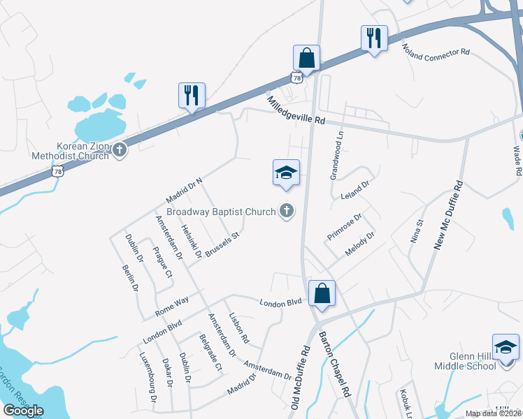 map of restaurants, bars, coffee shops, grocery stores, and more near 3621 Munich Drive in Augusta
