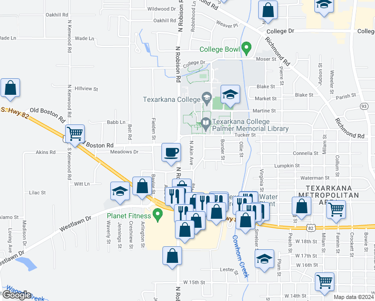 map of restaurants, bars, coffee shops, grocery stores, and more near 2341 North Akin Avenue in Texarkana