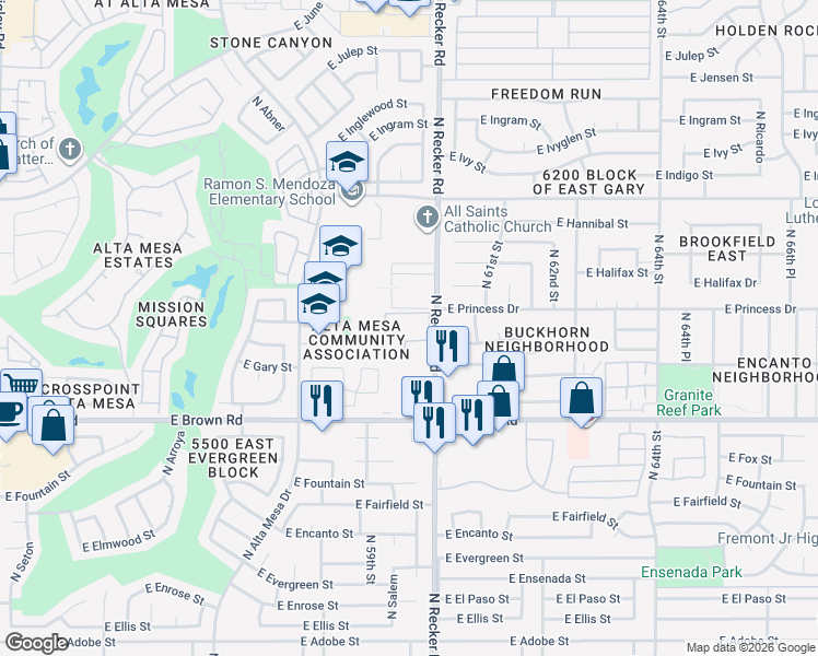 map of restaurants, bars, coffee shops, grocery stores, and more near 1402 North Recker Road in Mesa