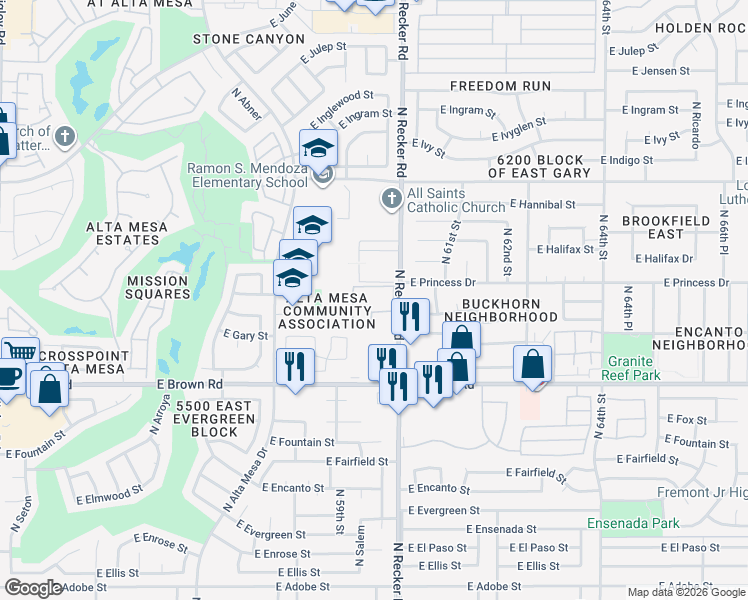 map of restaurants, bars, coffee shops, grocery stores, and more near 1402 North Recker Road in Mesa